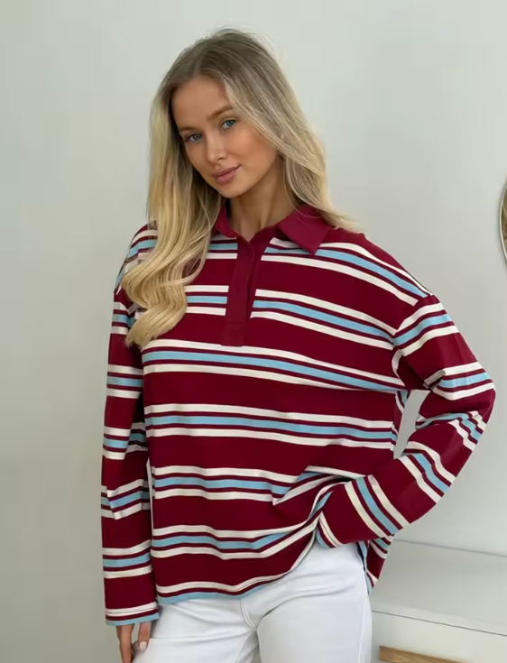 Polo Femme Rayé à Manches Longues – Style Décontracté Chic